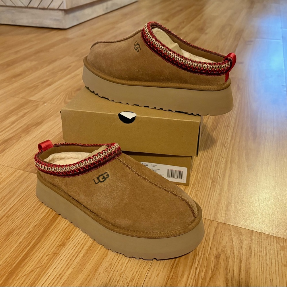 UGG Tan Slip-On Shoes with Red Accents